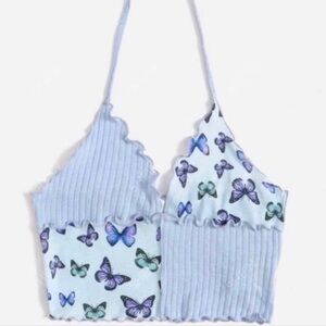 SHEIN | Blue Butterfly Print Halter Crop Top